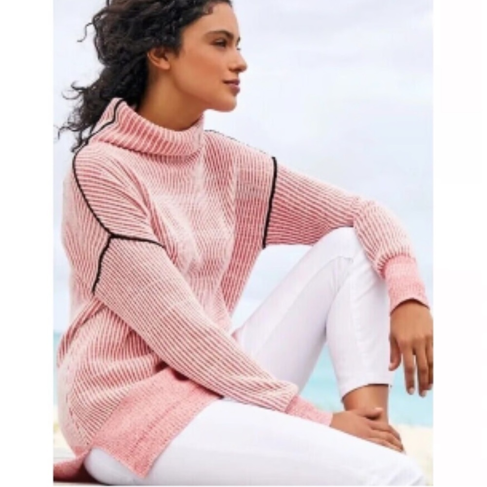 Soft Surroundings Selene Funnel Neck Contrast Rib‎ Sweater Pink/White Size XL
